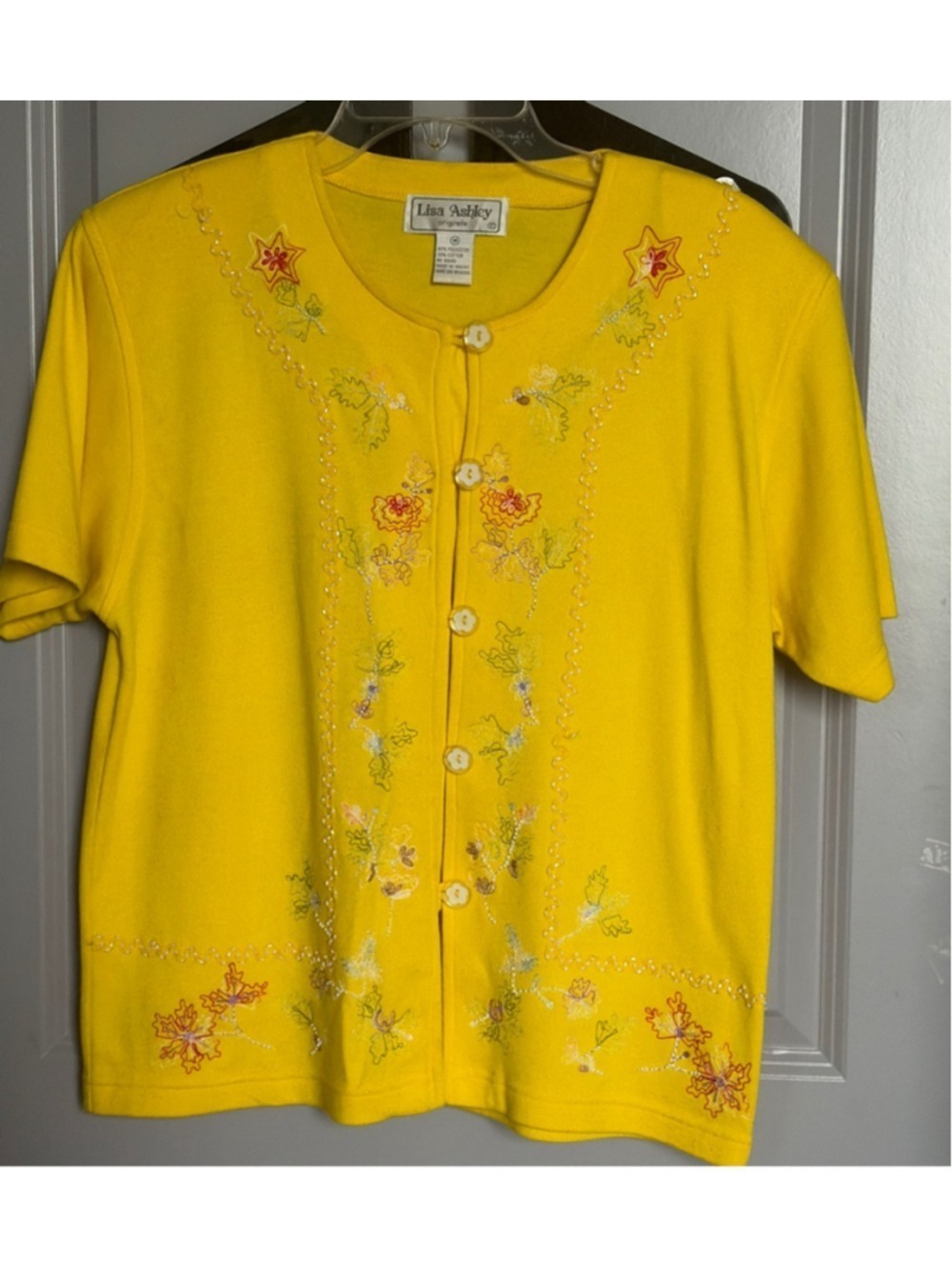 VTG Women's Lisa Ashley Yellow Embroidered Short Sleeve Tee M #063